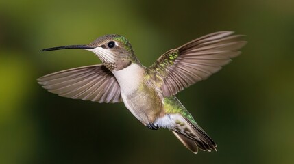 Fototapeta premium Hummingbird captured in mid-flight, displaying intricate feather patterns and graceful movement.