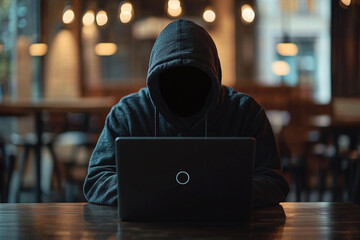 Photograph of a Scammer Using a Public Wi-Fi: A person in a coffee shop using a laptop to scam others.