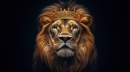 Fototapeta premium Majestic Lion of Judah wearing an elegant golden crown, set against a black background, symbolizing Christian themes.