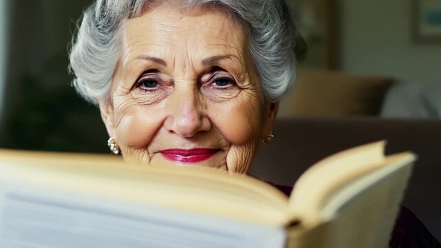 A mature woman with a gentle smile sitting in a cozy living room with a book in her lap her expressive eyes conveying a sense of enduring patience and inner peace.
