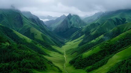 Obraz premium A photo of the beautiful green mountains in Dagestan. A large mountain range with dense forests and grasslands on its slopes in the summer time. A high resolution photography of insanely detailed