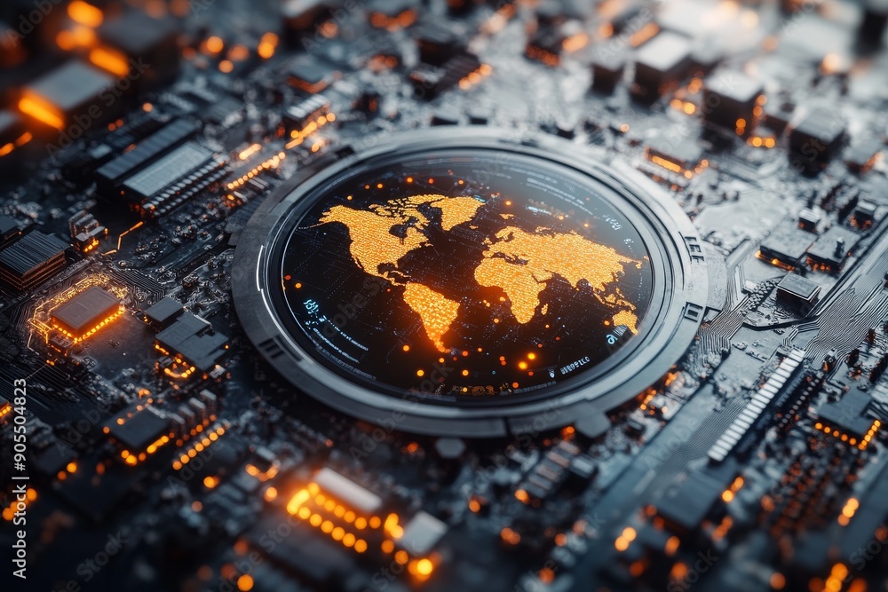 Aufkleber global city circuit depicting a high-tech world map symbolizing global connectivity and data exchang