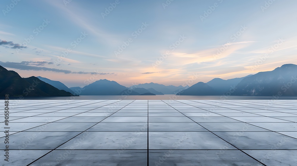 Poster empty square tile floor with mountain landscape background at sunset. abstract panoramic view of emp