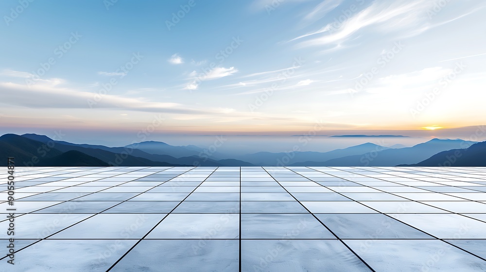 Poster empty square tile floor with mountain landscape background at sunset. abstract panoramic view of emp