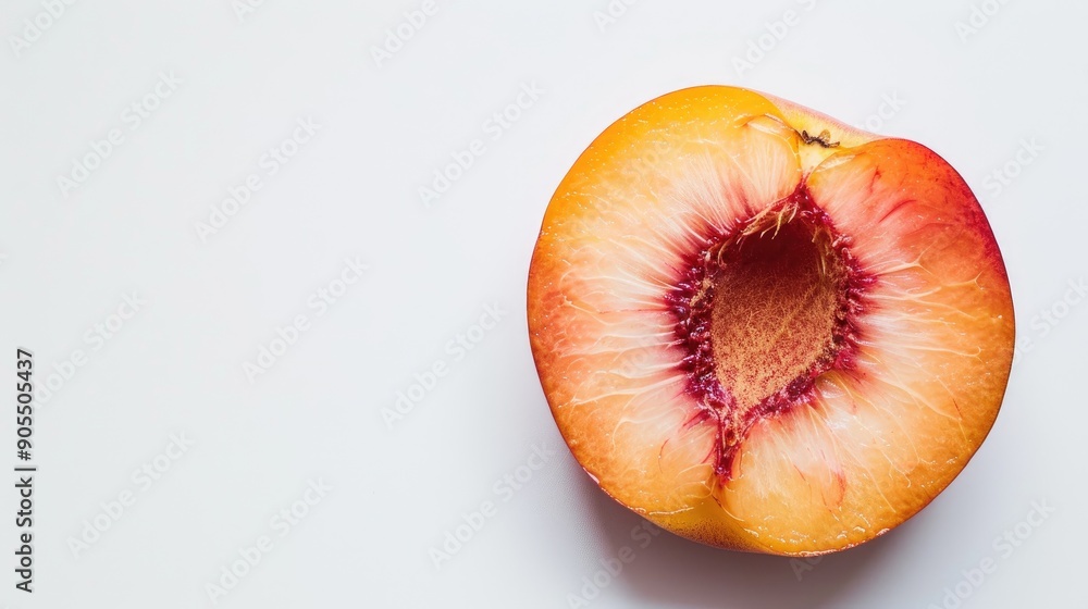 Poster smooth skinned nectarine slice without pit on white background with space for text close up view