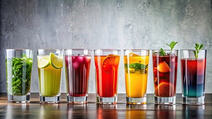 Assorted drinks in row of glasses showcasing various colors and textures, beverages, cocktails, wine, juice, soda
