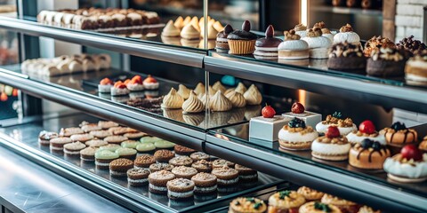 A confectionery counter showcasing various cakes, pastries, and desserts, each neatly arranged on the shelves.