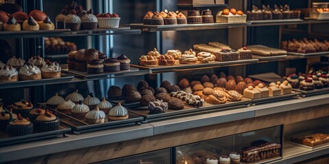 A confectionery counter showcasing various cakes, pastries, and desserts, each neatly arranged on the shelves.