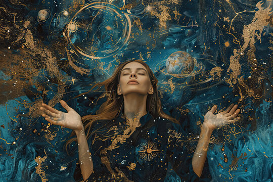 Mystical woman with closed eyes in a cosmic scene with celestial elements