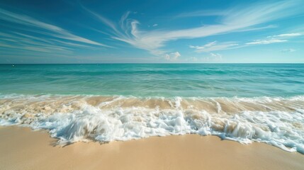 A serene beach background with white sandy shores, turquoise waters, and gentle waves lapping at the shore, with a clear blue sky and a few wispy clouds overhead, creating a peaceful and relaxing