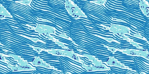 Obraz premium Summer blue dyed wave water pattern with broken linear stripe effect. Fresh blue underwater texture background for modern seamless nautical maritime organic style. 