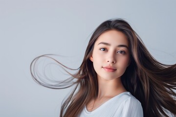 A serene portrait of a young woman with flowing hair, set against a light background, highlighting her natural beauty and calm expression.