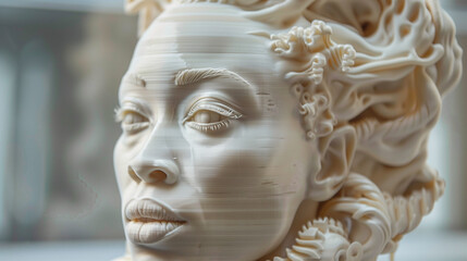 Intricate 3D printed sculpture of a woman's detailed face.