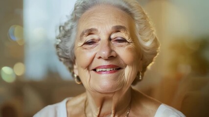 An elderly woman with a serene and content expression exuding hope and gratitude for a life welllived. The background is a cozy living room symbolizing the comfort and security of