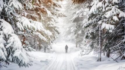 Fototapeta premium Capture a person walking with snowshoes through a snowy forest