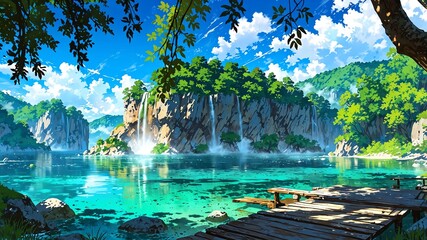 Obraz premium plitvice lakes national park croatia natural wonders around the world morning view anime