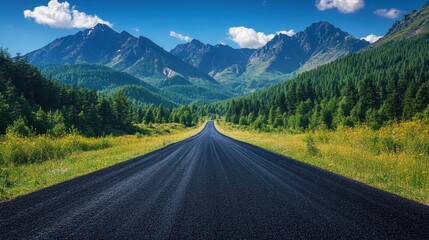 Fototapeta premium Black asphalt road leading into the mountains during summer, highlighting the scenic journey.