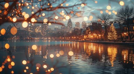 Twinkling Lights Reflecting on the Water at Dusk in a City Park