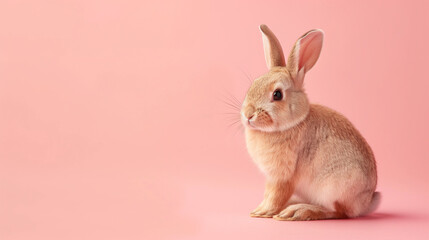 Obraz premium A rabbit is looking at the camera against a pink background, with a copy space.