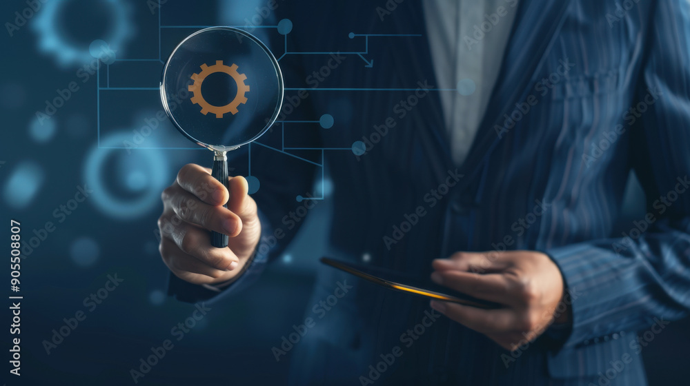 Poster businessman using a magnifying glass to focus on a quality control certification assurance guarantee