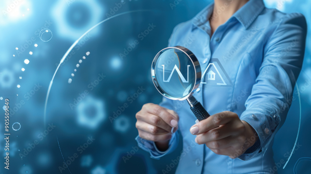 Poster businessman using a magnifying glass to focus on a quality control certification assurance guarantee
