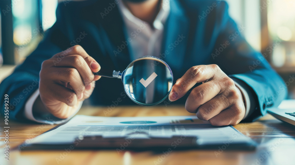 Poster businessman using a magnifying glass to focus on a quality control certification assurance guarantee