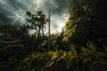 Striking lightning over a dense forest, highlighting the dramatic mood of the stormy sky.