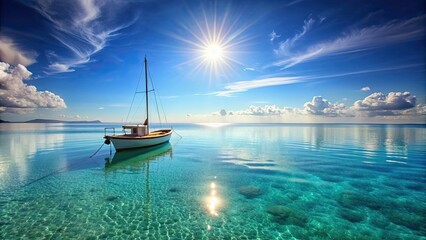 A boat sailing on calm, clear waters with a sunny backdrop, boat, sailing, calm waters, clear, sunny, peaceful