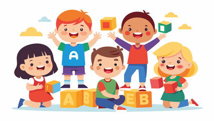 draw a simple happy school children with alphabet vector illustration