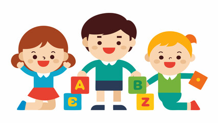 draw a simple happy school children with alphabet vector illustration