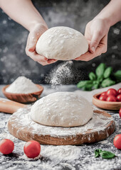 Fototapeta premium Mastering the Art of Pizza Making Fresh Dough Ready for Traditional Hand-Tossed Pizza Preparation like in Naples Italy