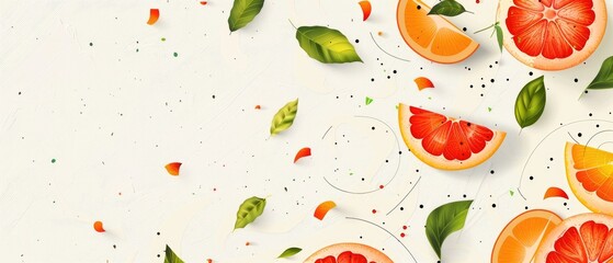 Bright and colorful illustration of various citrus fruits including oranges and grapefruits on a light background with leaves and seeds.