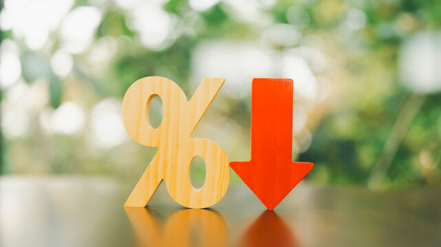 Percentage model and down arrow . Key concepts for success, methods, systems of raising or lowering Fed interest rates to correct inflation concepts.