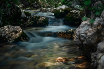 Fototapeta premium A serene stream flowing over rocks in a lush green environment.
