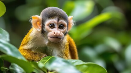 Obraz premium Playful monkey in its natural habitat, surrounded by lush vegetation and engaging in curious activities.