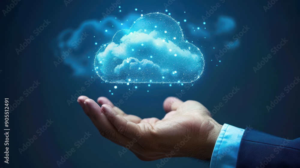 Poster businessman hand holding a digital cloud icon, representing cloud computing technology for data tran