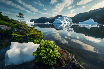 Stunning landscape of icebergs and lush greenery reflecting in calm waters.