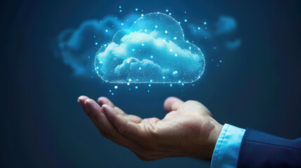 Businessman hand holding a digital cloud icon, representing cloud computing technology for data transfer and secure online storage solutions. Information upload and download.