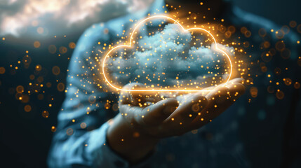 Businessman hand holding a digital cloud icon, representing cloud computing technology for data transfer and secure online storage solutions. Information upload and download.