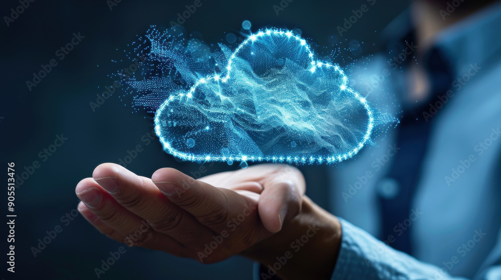 Poster businessman hand holding a digital cloud icon, representing cloud computing technology for data tran