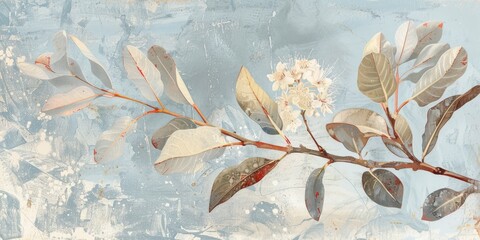 An artistic depiction showcases an Australian gum blossom branch, exuding a calm and natural ambiance with delicate, earthy tones and elegant hues, creating a tranquil and graceful atmosphere