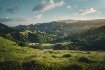 Fototapeta premium Breathtaking view of rolling green hills under a serene sky at sunset.