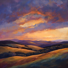 Fototapeta premium Serene Landscape: An Oil Brush Strokes Masterpiece of Rolling Hills and Vibrant Skies