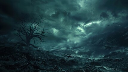 A dark world background with ominous shadows, twisted landscapes, and eerie lighting, creating a foreboding and mysterious atmosphere that suggests hidden dangers and secrets