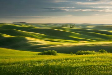 Obraz premium Stunning green hills bathed in golden sunlight during a serene landscape scene.