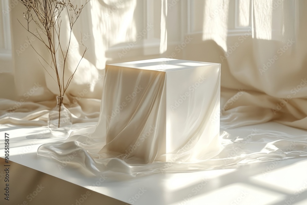 Poster light streaming through sheer curtains in a minimalist room capturing the essence of tranquility and