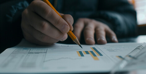 Consultant's Hand Holding Pencil Analyzing Charts