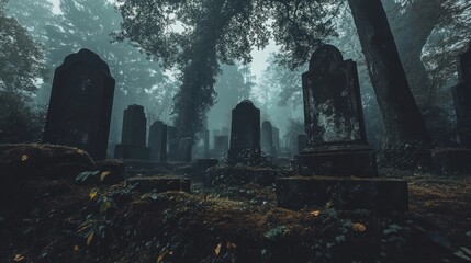 Spooky graveyard with old, weathered tombstones.