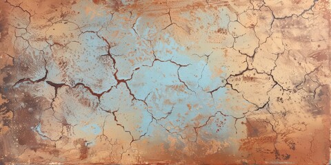 Obraz premium This is a textured abstract painting that features a cracked surface adorned with earthy tones along with blue accents