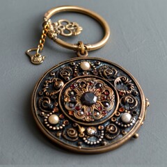 A  detailed, circular pendant with ornate design and gemstone accents.  The pendant hangs from a golden chain with a key charm.